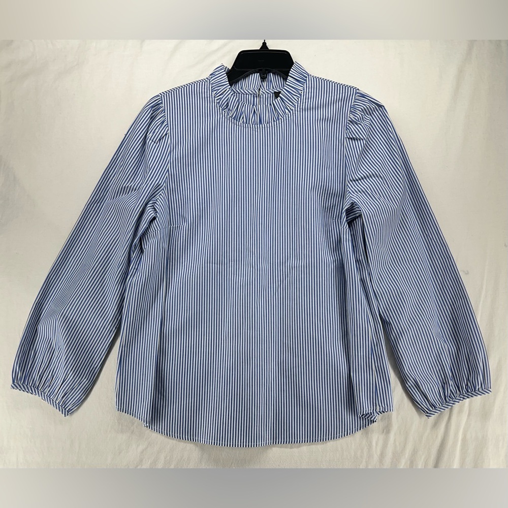 J. Crew Long Sleeve Ruffleneck Top In Stripe Blue Organic Cotton Size M